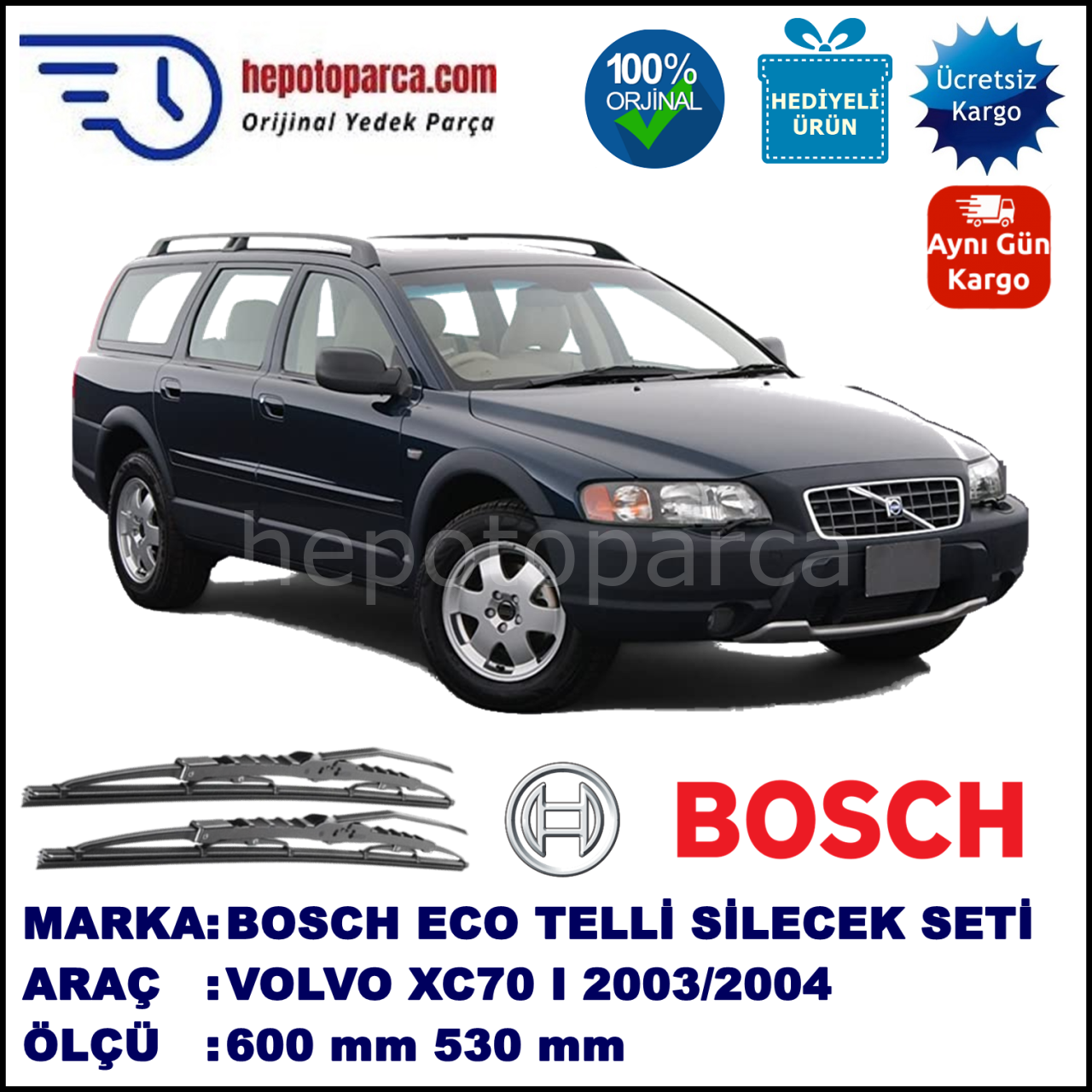 VOLVO XC70 I  08.2003-07.2004, 600 / 530 mm.  RBW  ADAPTÖRLÜ MUZ SİLECEK SETİ