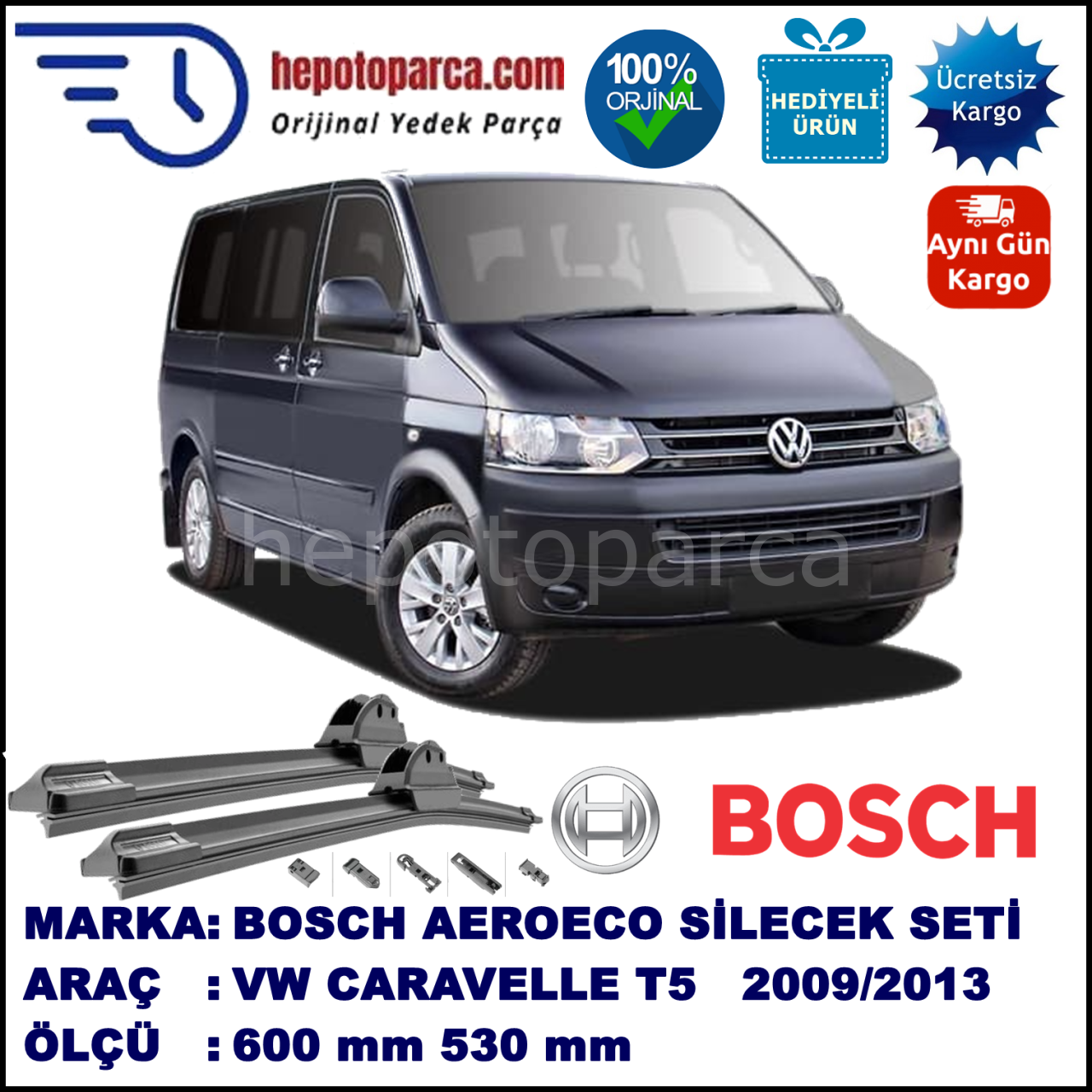 VW Caravelle T5 [7E] 09.2009-05.2013, 600 / 530 mm. BOSCH AEROECO Aparatlı Muz Silecek