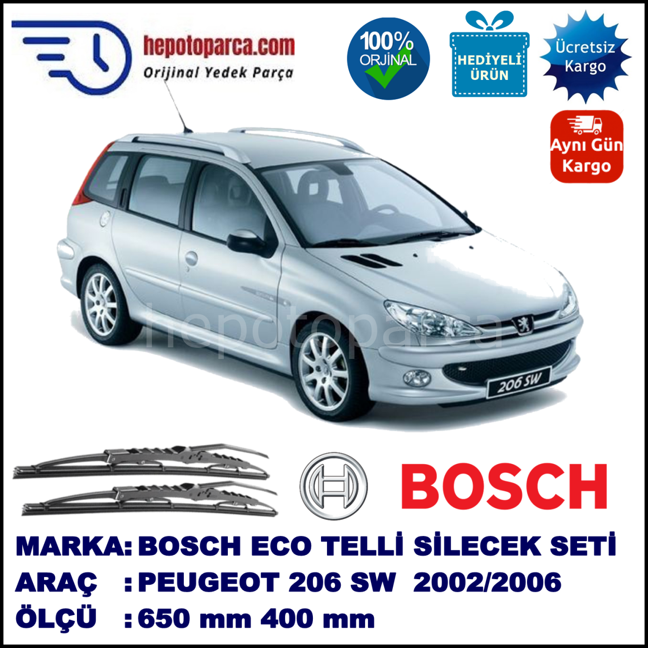 PEUGEOT 206 SW [T1] 03.02-12.06 650 / 400 mm. BOSCH ECO Telli Silecek 2'li Takım