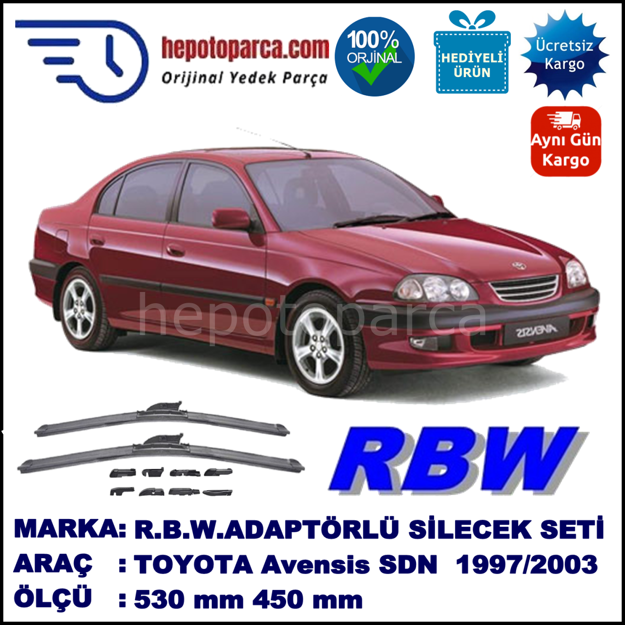 TOYOTA Avensis [T22] 10.1997-01.2003, 530 / 450 mm.  RBW  ADAPTÖRLÜ MUZ SİLECEK SETİ