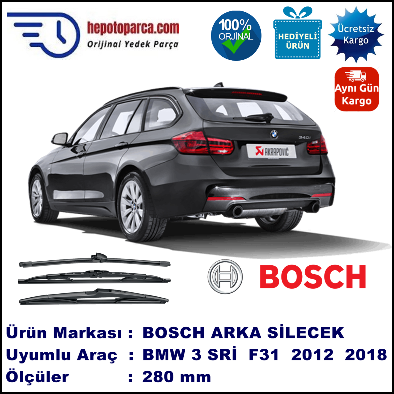 BMW Serie 3 Touring [F 31] 280 mm 09.2012-... BOSCH Arka Silecek