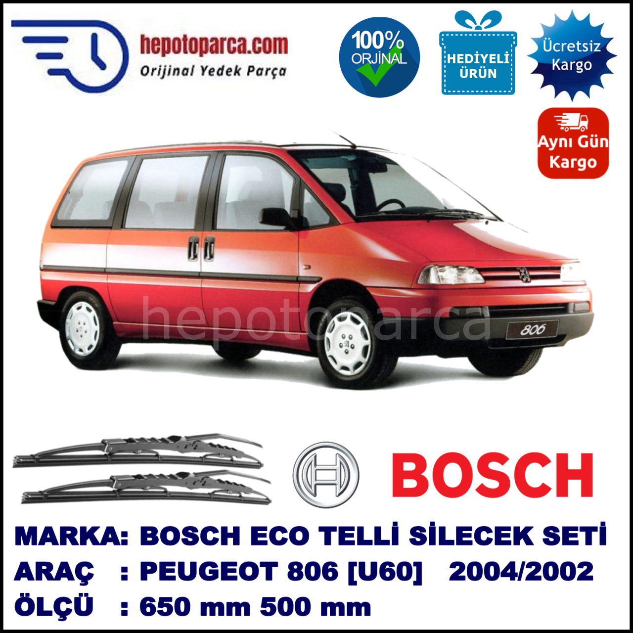 PEUGEOT 806 [U60] 06.94-08.02 650 / 500 mm. BOSCH ECO Telli Silecek 2'li Takım