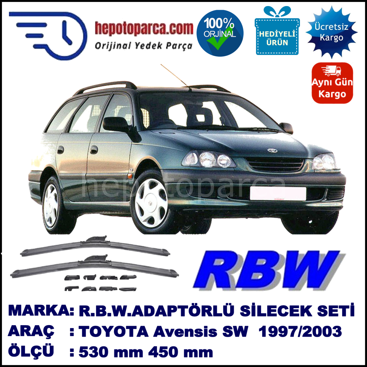 TOYOTA Avensis Liftback [T22] 10.1997-01.2003, 530 / 450 mm.  RBW  ADAPTÖRLÜ MUZ SİLECEK SETİ