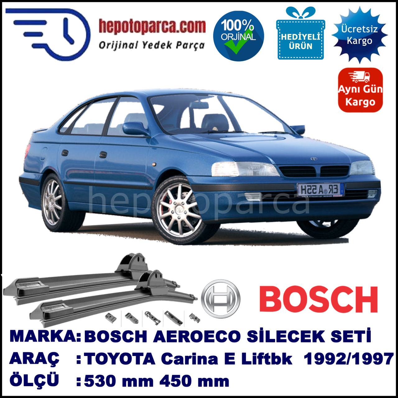 TOYOTA Carina E Liftback [T19] 02.1992-10.1997, 530 / 450 mm. BOSCH AEROECO Aparatlı Muz Silecek