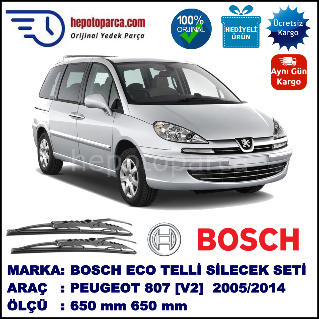 PEUGEOT 807 [V2] 08.05-... 650 / 650 mm. BOSCH ECO Telli Silecek 2'li Takım