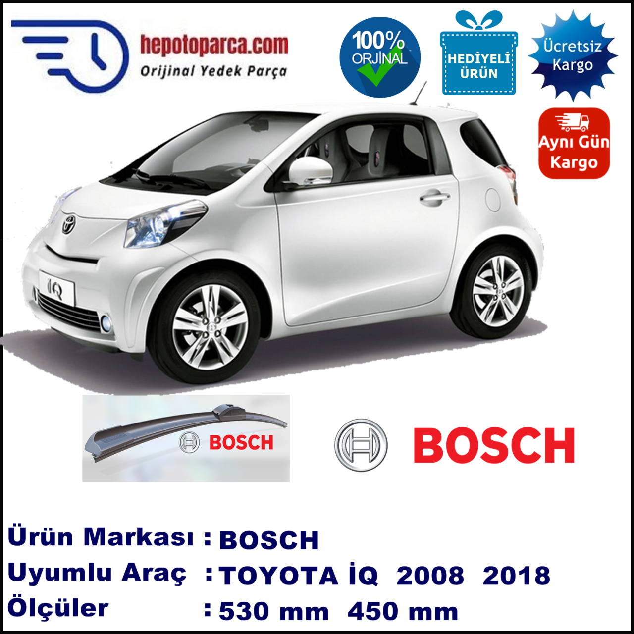 TOYOTA iQ  11.2008-..., 530 / 450 mm. BOSCH AEROECO Aparatlı Muz Silecek