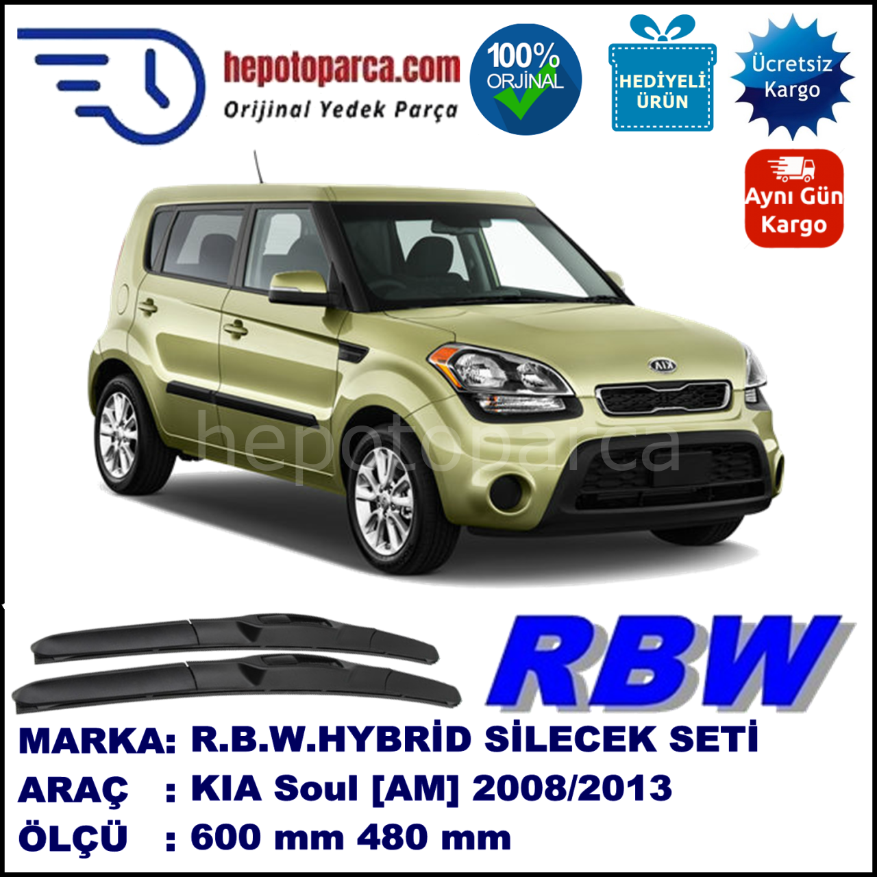KIA Soul [AM] 09.08-... 600 / 480 mm. RBW Hybrid Silecek Seti. U Kanca Uyumlu Hibrit