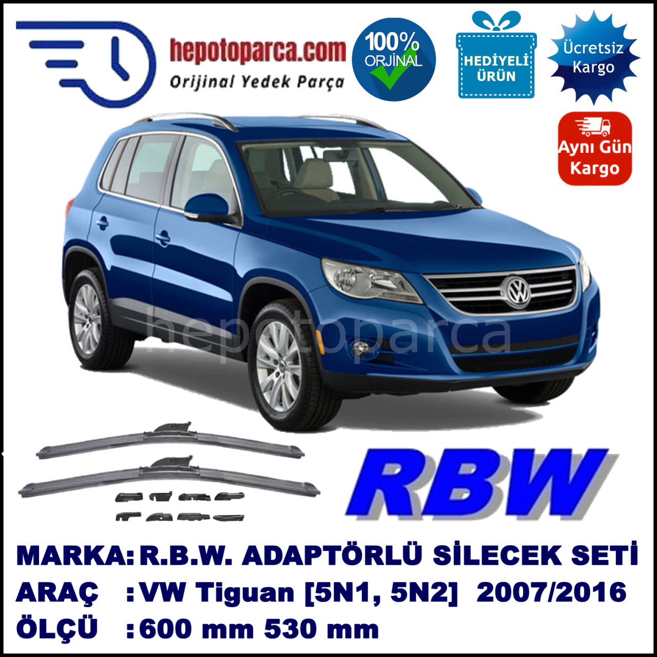 VW Tiguan [5N1, 5N2] 11.2007-..., 600 / 530 mm.  RBW  ADAPTÖRLÜ MUZ SİLECEK SETİ