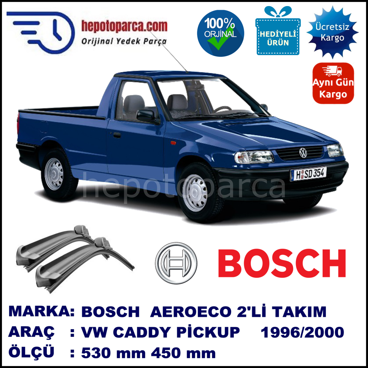 VW Caddy Pickup [9U7] 06.1996-12.2000, 530 / 450 mm. BOSCH AEROECO Aparatlı Muz Silecek