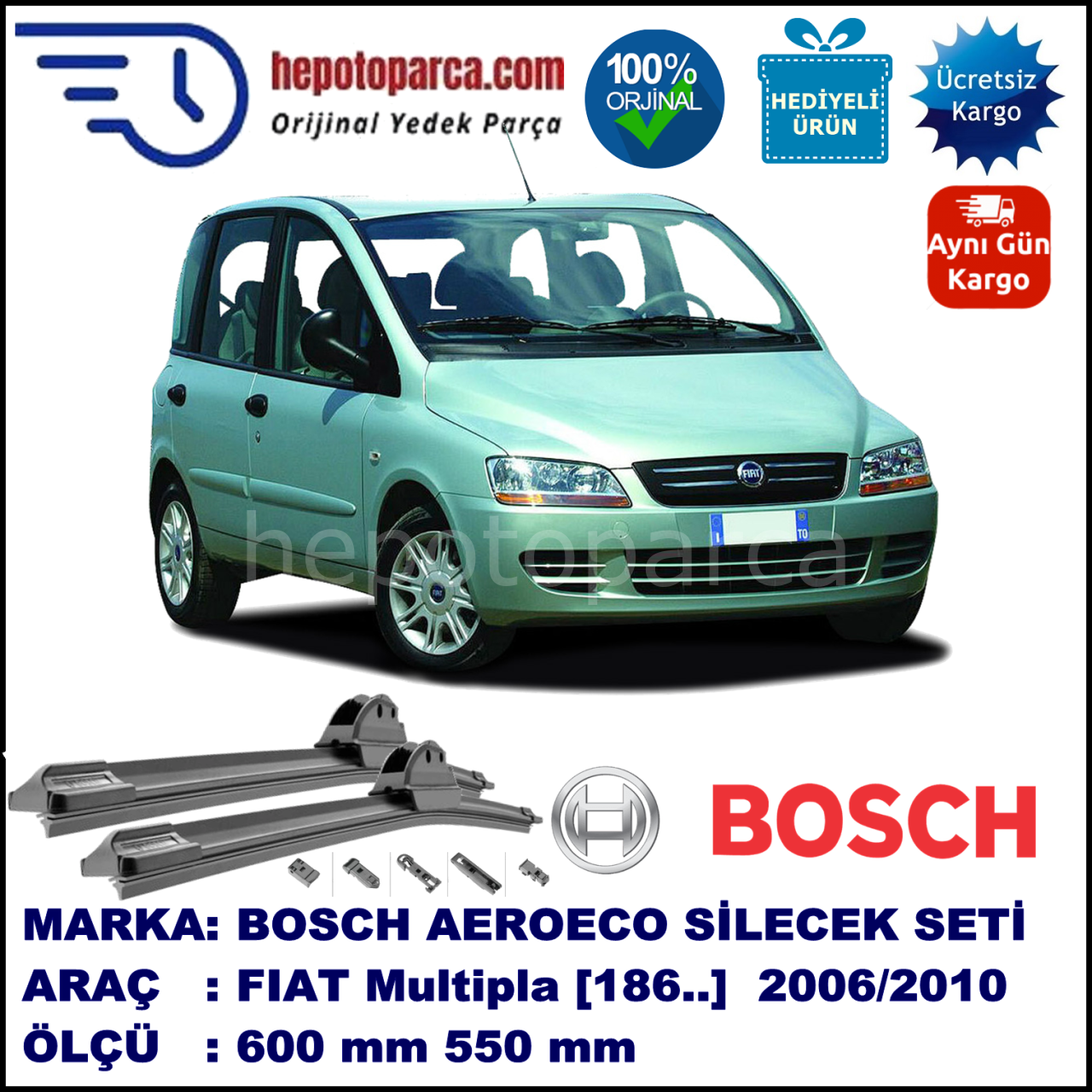 FIAT Multipla [186..] 01.2006-12.2010, 600 / 550 mm. BOSCH AEROECO Aparatlı Muz Silecek