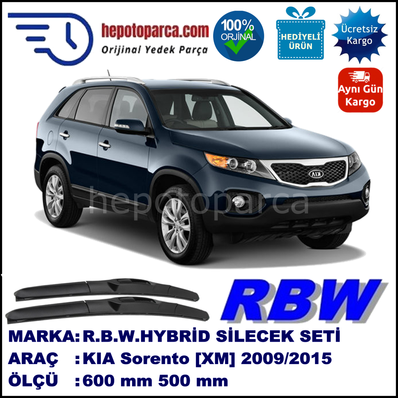 KIA Sorento [XM] 09.09-... 600 / 500 mm. RBW Hybrid Silecek Seti. U Kanca Uyumlu Hibrit