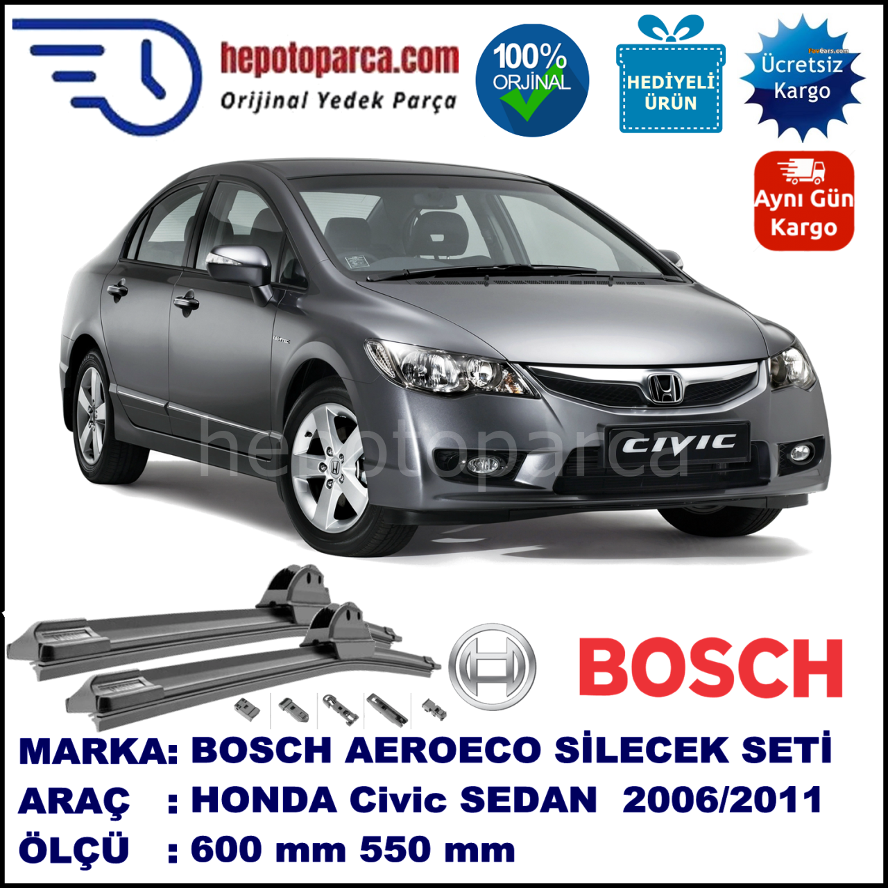 HONDA Civic Sedan [FD] 09.2006-12.2011, 600 / 550 mm. BOSCH AEROECO Aparatlı Muz Silecek