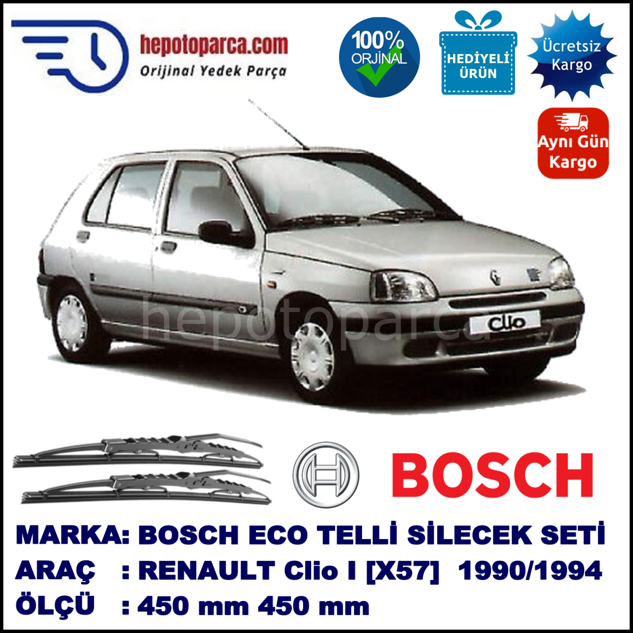 RENAULT Clio I [X57] 06.90-02.94 450 / 450 mm. BOSCH ECO Telli Silecek 2'li Takım