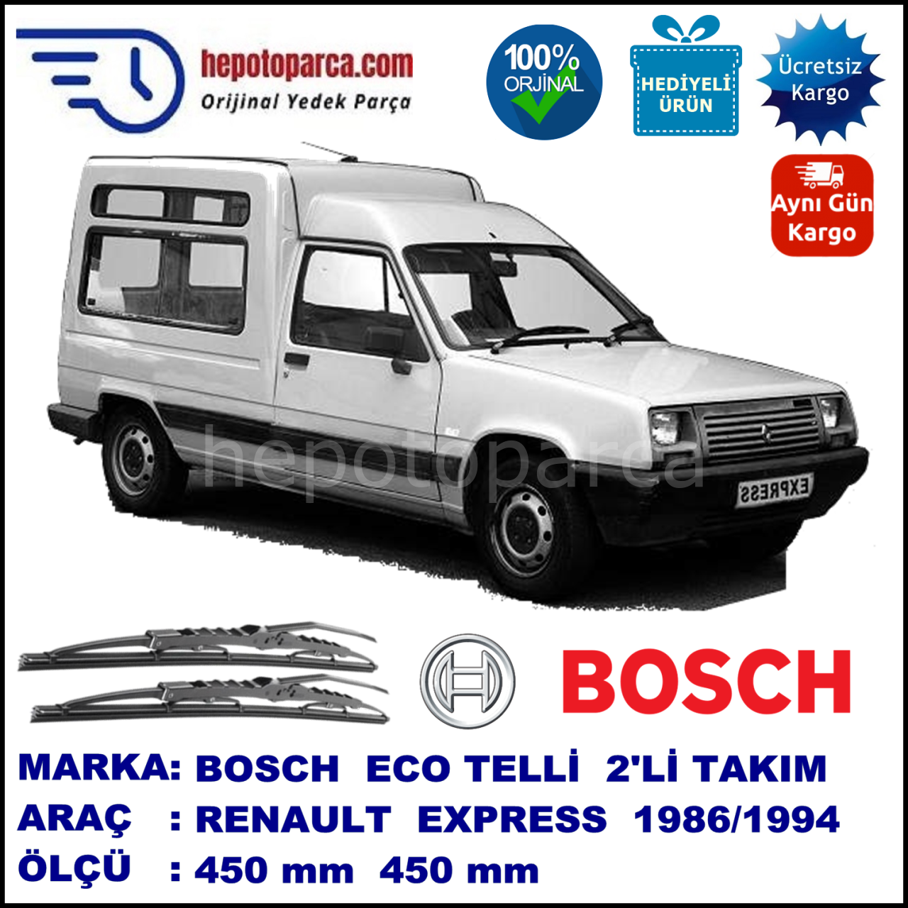 RENAULT Express, Extra, Rapid [F40] 03.86-08.94 450 / 450 mm. BOSCH ECO Telli Silecek 2'li Takım