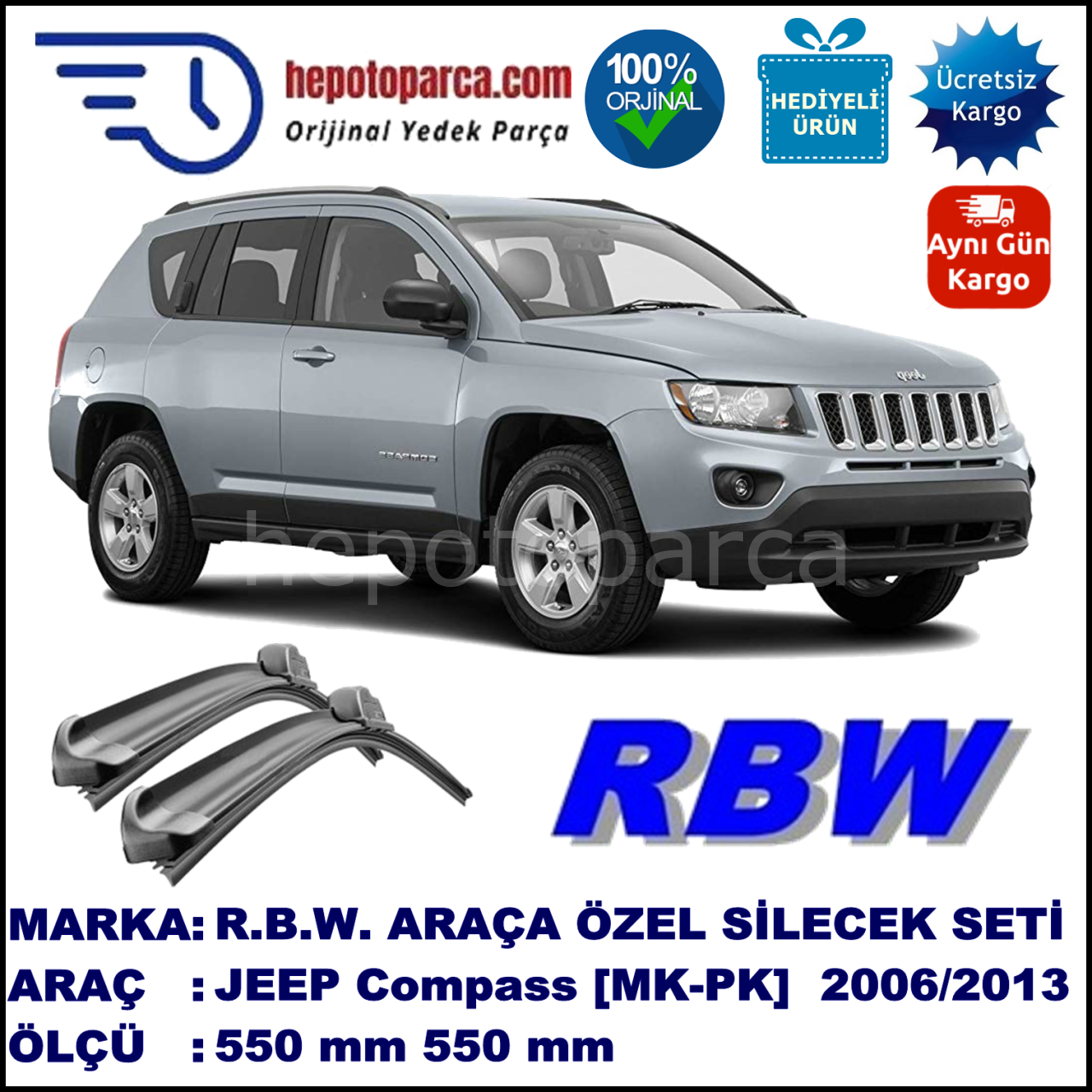 JEEP Compass [MK, PK] 10.06-... 550 / 500 mm. RBW Muz Silecek Seti  2'li Takım. U Kanca Uyumludur.