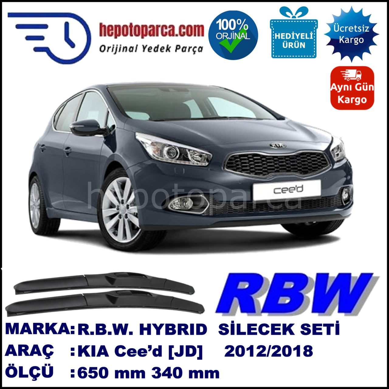 KIA Cee’d [JD] 05.12-... 650 / 340 mm. RBW Hybrid Silecek Seti. U Kanca Uyumlu Hibrit