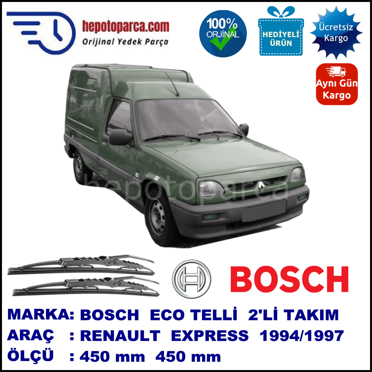 RENAULT Express, Extra, Rapid [F40] 09.94-10.97 450 / 450 mm. BOSCH ECO Telli Silecek 2'li Takım