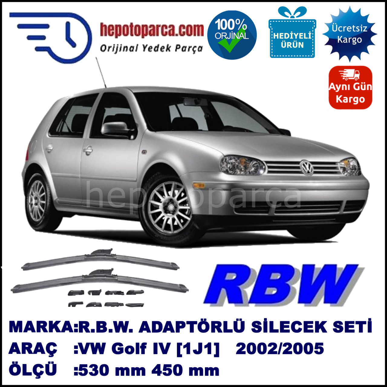 VW Golf IV [1J1] 06.2002-06.2005, 530 / 450 mm.  RBW  ADAPTÖRLÜ MUZ SİLECEK SETİ