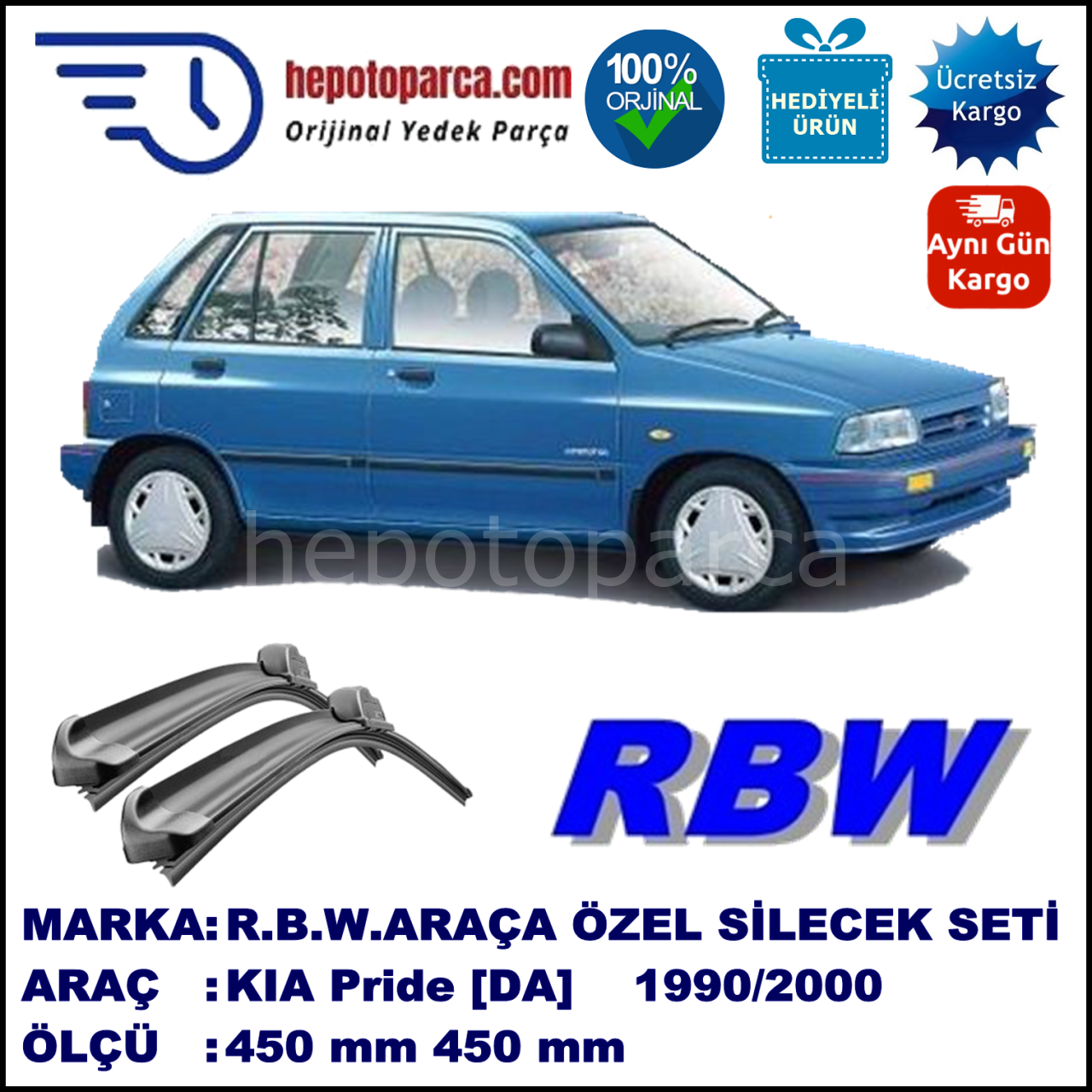 KIA Pride [DA] 05.90-02.00 450 / 450 mm. RBW Muz Silecek Seti  2'li Takım. U Kanca Uyumludur.