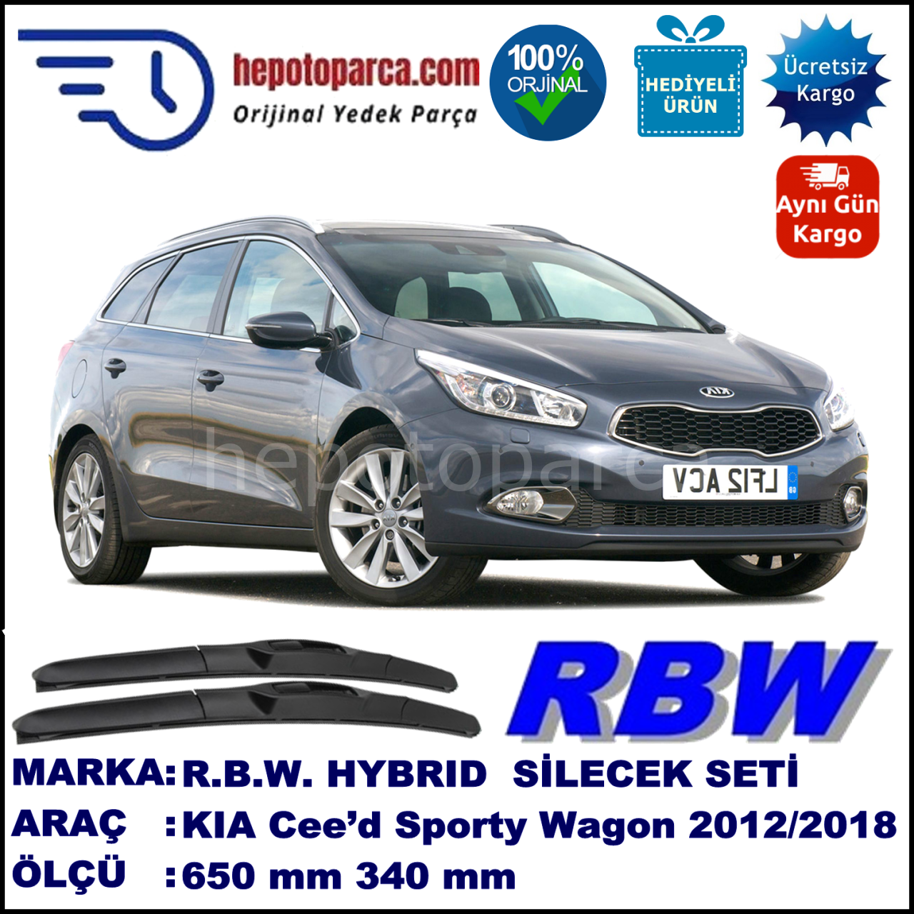 KIA Cee’d Sporty Wagon [JD] 08.12-... 650 / 340 mm. RBW Hybrid Silecek Seti. U Kanca Uyumlu Hibrit
