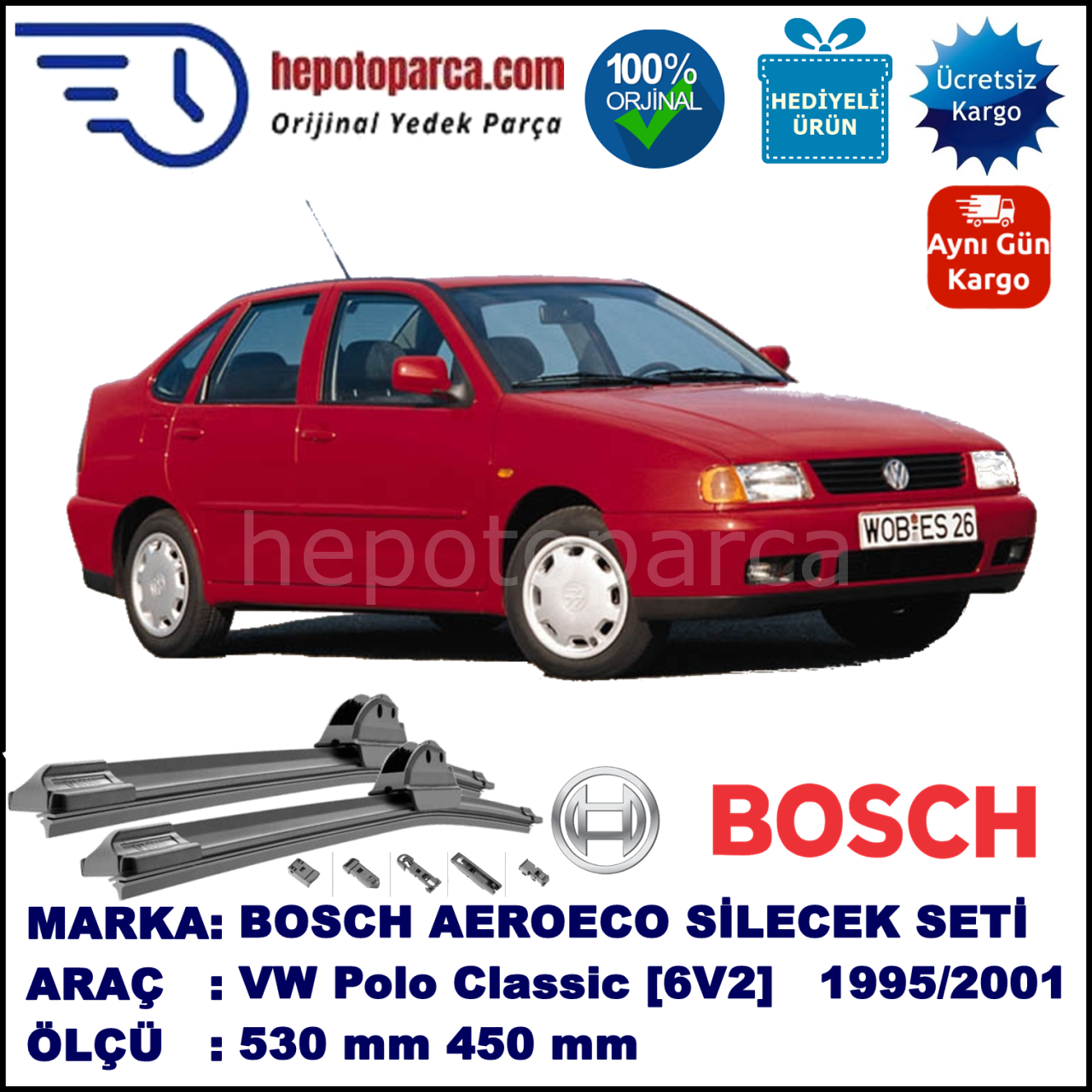 VW Polo Classic [6V2] 11.1995-09.2001, 530 / 450 mm. BOSCH AEROECO Aparatlı Muz Silecek