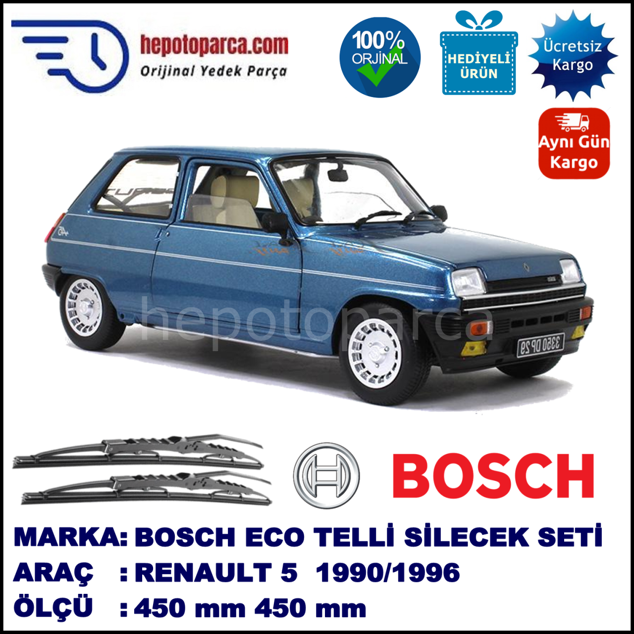 RENAULT 5  03.90-12.96 450 / 450 mm. BOSCH ECO Telli Silecek 2'li Takım