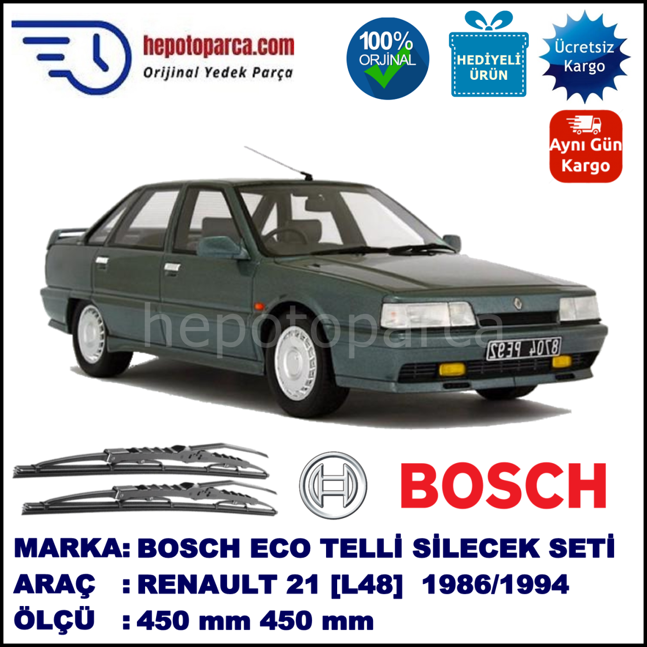 RENAULT 21 [L48] 03.86-12.94 450 / 450 mm. BOSCH ECO Telli Silecek 2'li Takım