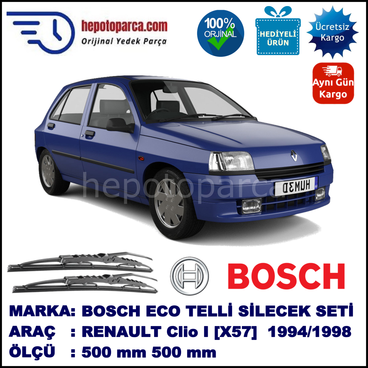 RENAULT Clio I [X57] 03.94-02.98 500 / 500 mm. BOSCH ECO Telli Silecek 2'li Takım