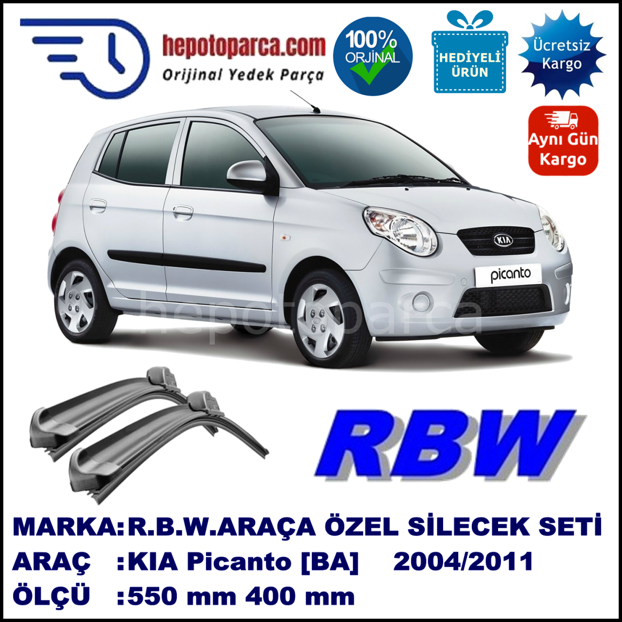 KIA Picanto [BA] 05.04-01.11 550 / 400 mm. RBW Muz Silecek Seti  2'li Takım. U Kanca Uyumludur.