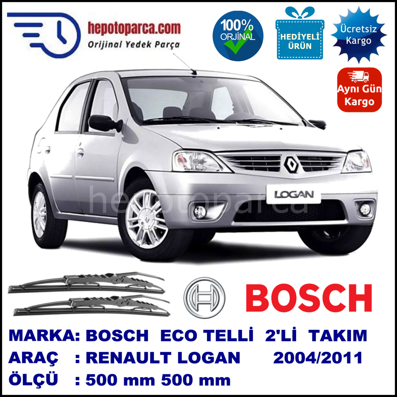 RENAULT Logan [LS] 07.04-... 500 / 500 mm. BOSCH ECO Telli Silecek 2'li Takım