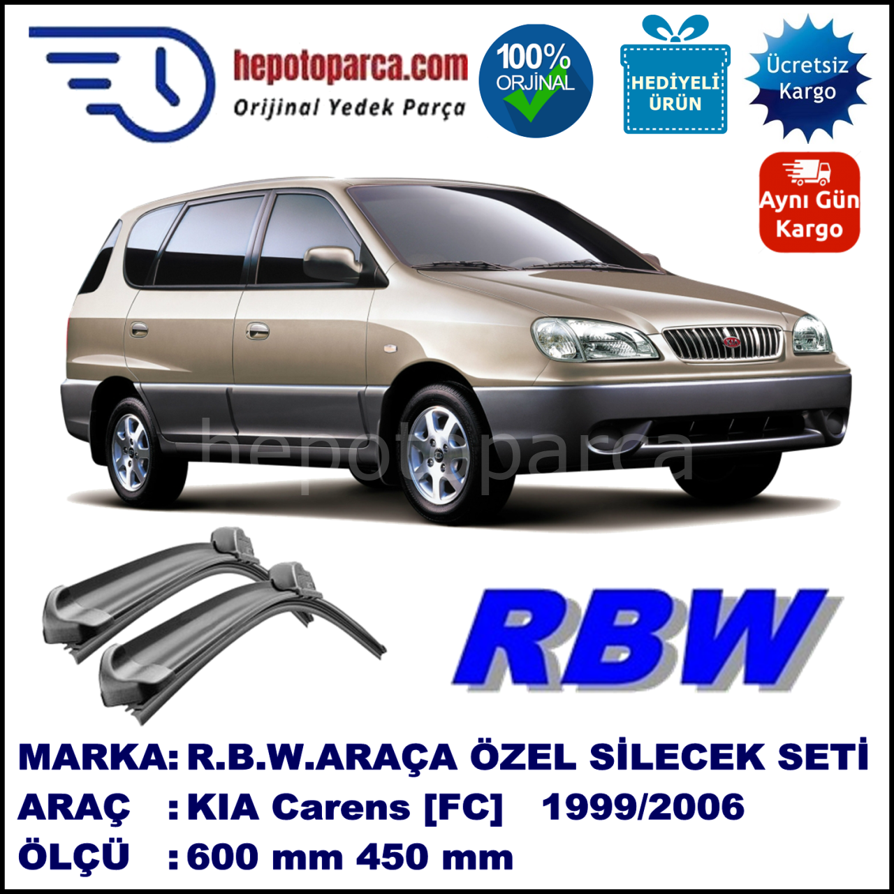 KIA Carens [FC] 04.99-12.06 600 / 450 mm. RBW Muz Silecek Seti  2'li Takım. U Kanca Uyumludur.