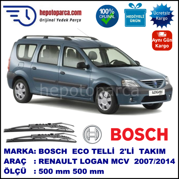 RENAULT Logan MCV [KS/FS] 01.07-... 500 / 500 mm. BOSCH ECO Telli Silecek 2'li Takım