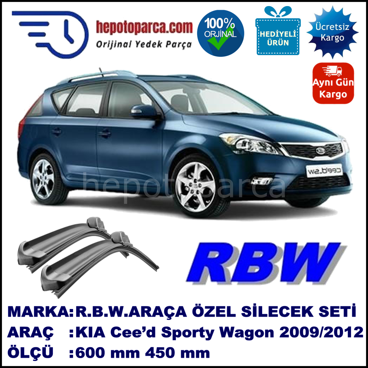 KIA Cee’d Sporty Wagon [ED/FF2] 07.09-12.12 600 / 450 mm. RBW Muz Silecek Seti  2'li Takım. U Kanca Uyumludur.