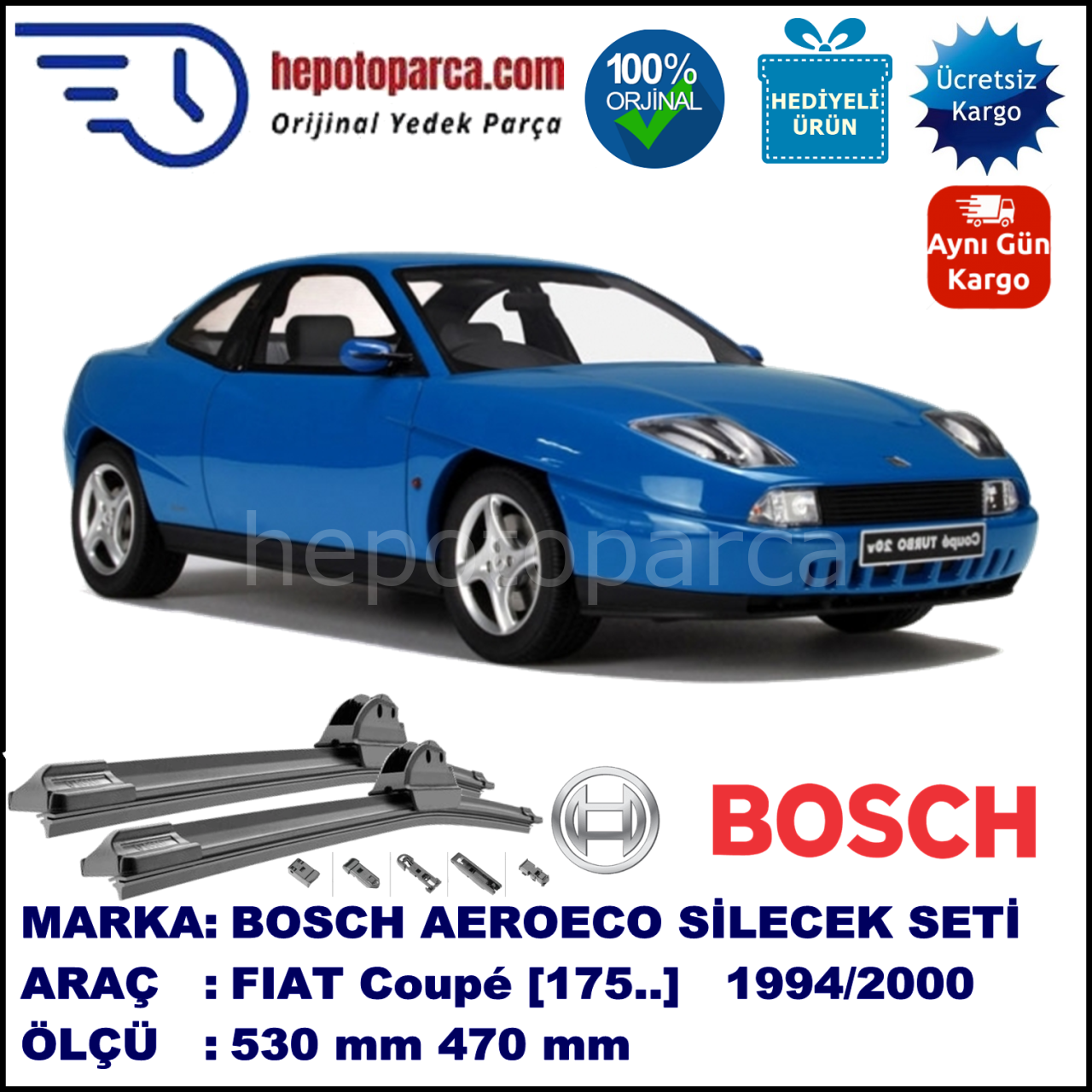 FIAT Coupé [175..] 02.1994-09.2000, 530 / 470 mm. BOSCH AEROECO Aparatlı Muz Silecek