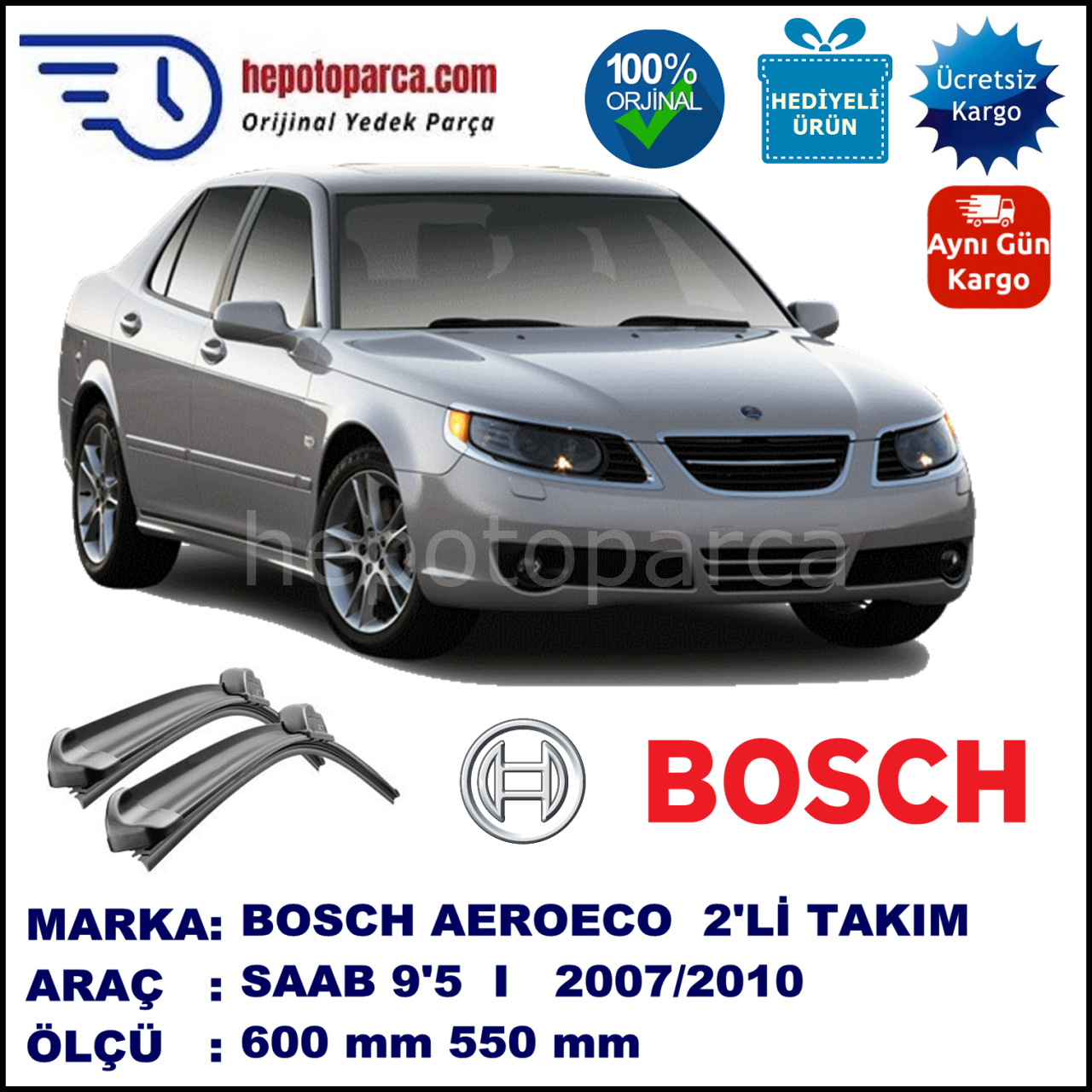 SAAB 9-5 I  08.2007-02.2010, 600 / 550 mm. BOSCH AEROECO Aparatlı Muz Silecek