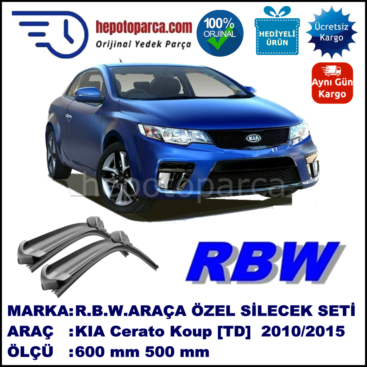 KIA Cerato Koup [TD] 08.10-... 600 / 500 mm. RBW Muz Silecek Seti  2'li Takım. U Kanca Uyumludur.