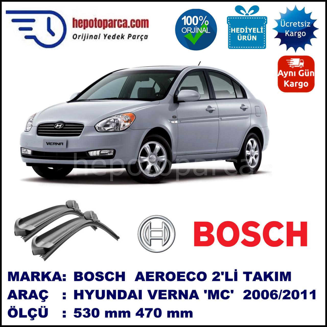 HYUNDAI Verna [MC] 10.2006-05.2011, 530 / 470 mm. BOSCH AEROECO Aparatlı Muz Silecek