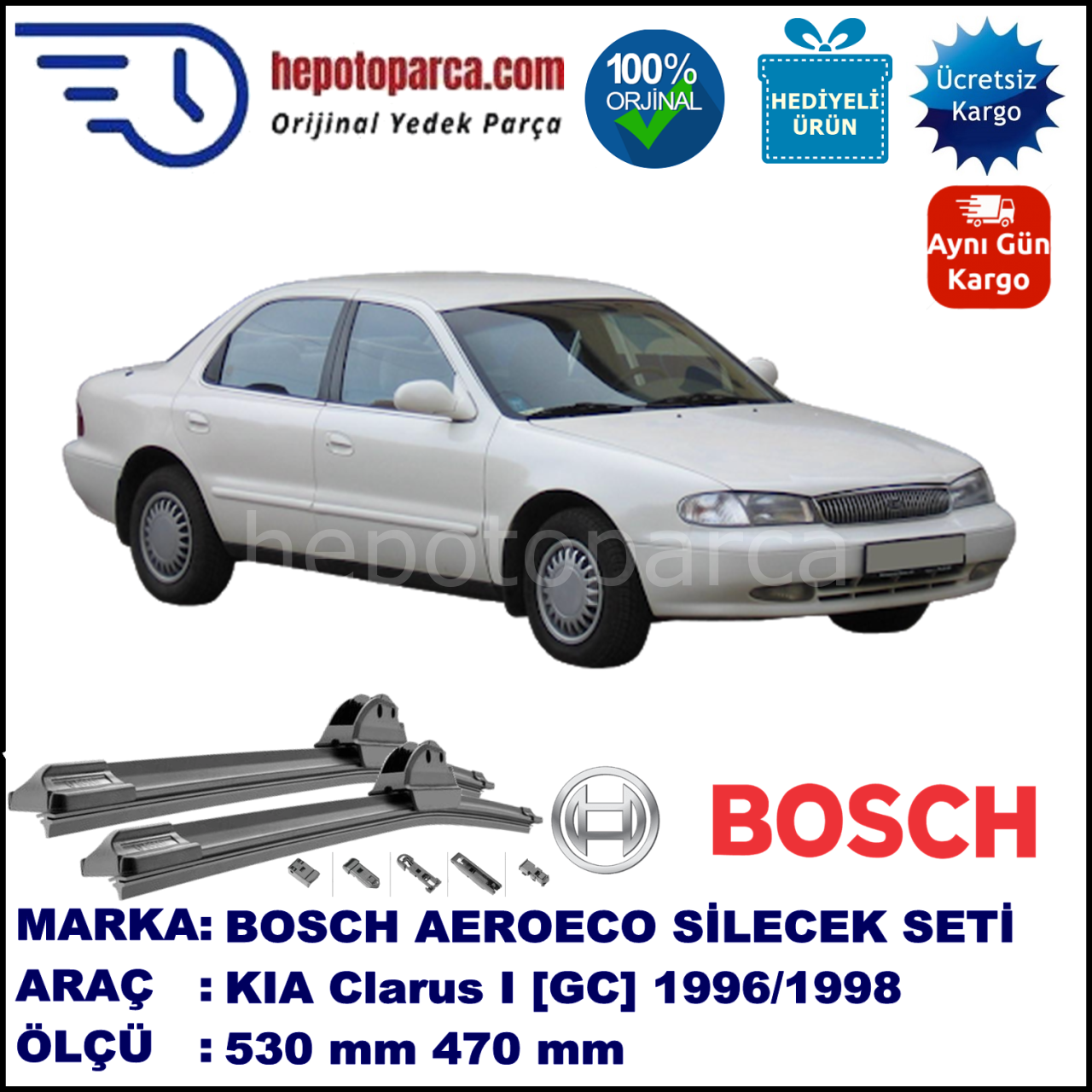 KIA Clarus I [GC] 05.1996-05.1998, 530 / 470 mm. BOSCH AEROECO Aparatlı Muz Silecek