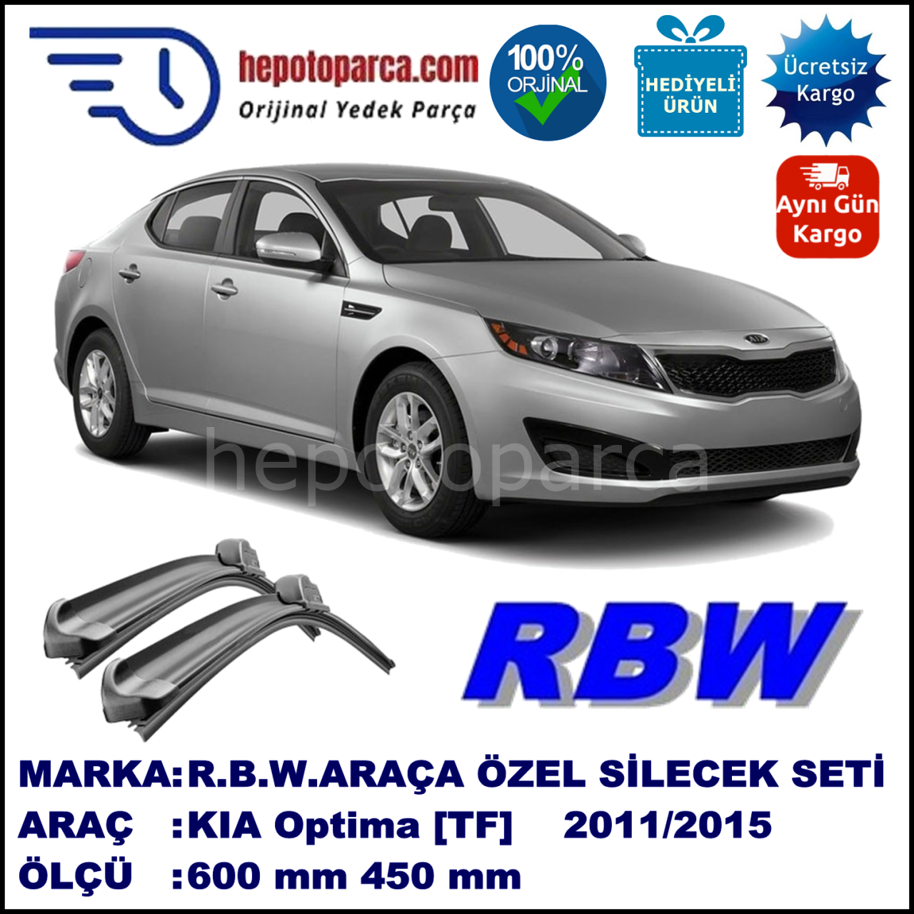 KIA Optima [TF] 09.11-... 600 / 450 mm. RBW Muz Silecek Seti  2'li Takım. U Kanca Uyumludur.