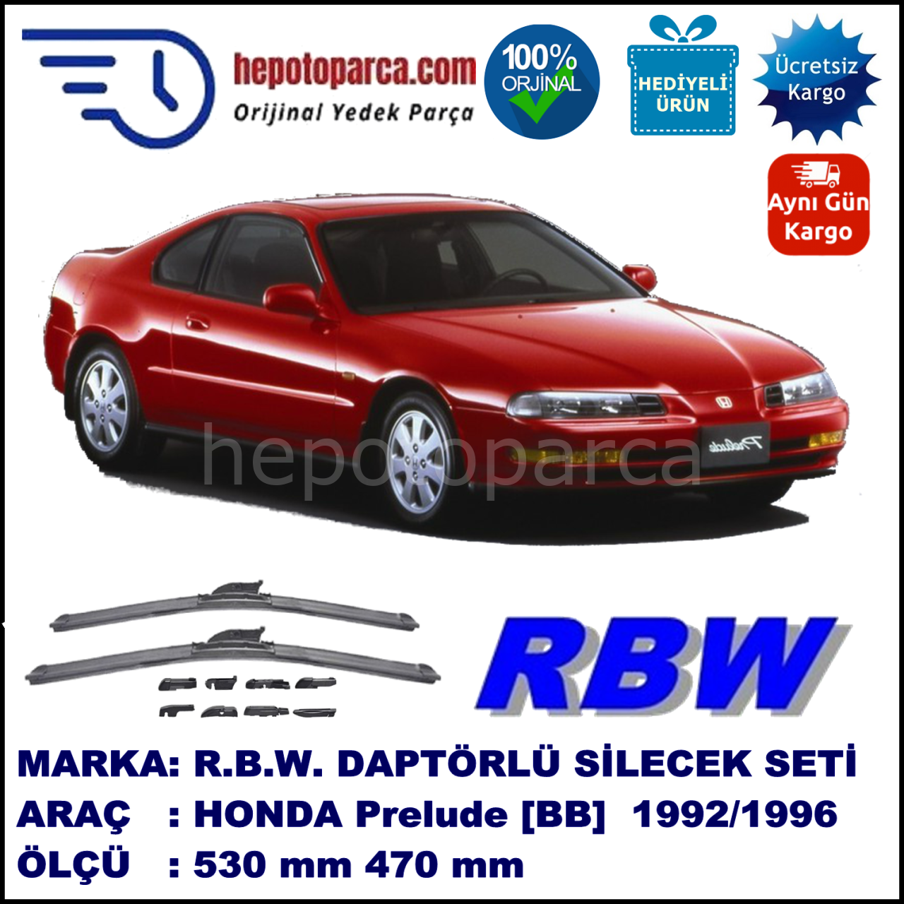 HONDA Prelude [BB] 02.1992-09.1996, 530 / 470 mm.  RBW  ADAPTÖRLÜ MUZ SİLECEK SETİ