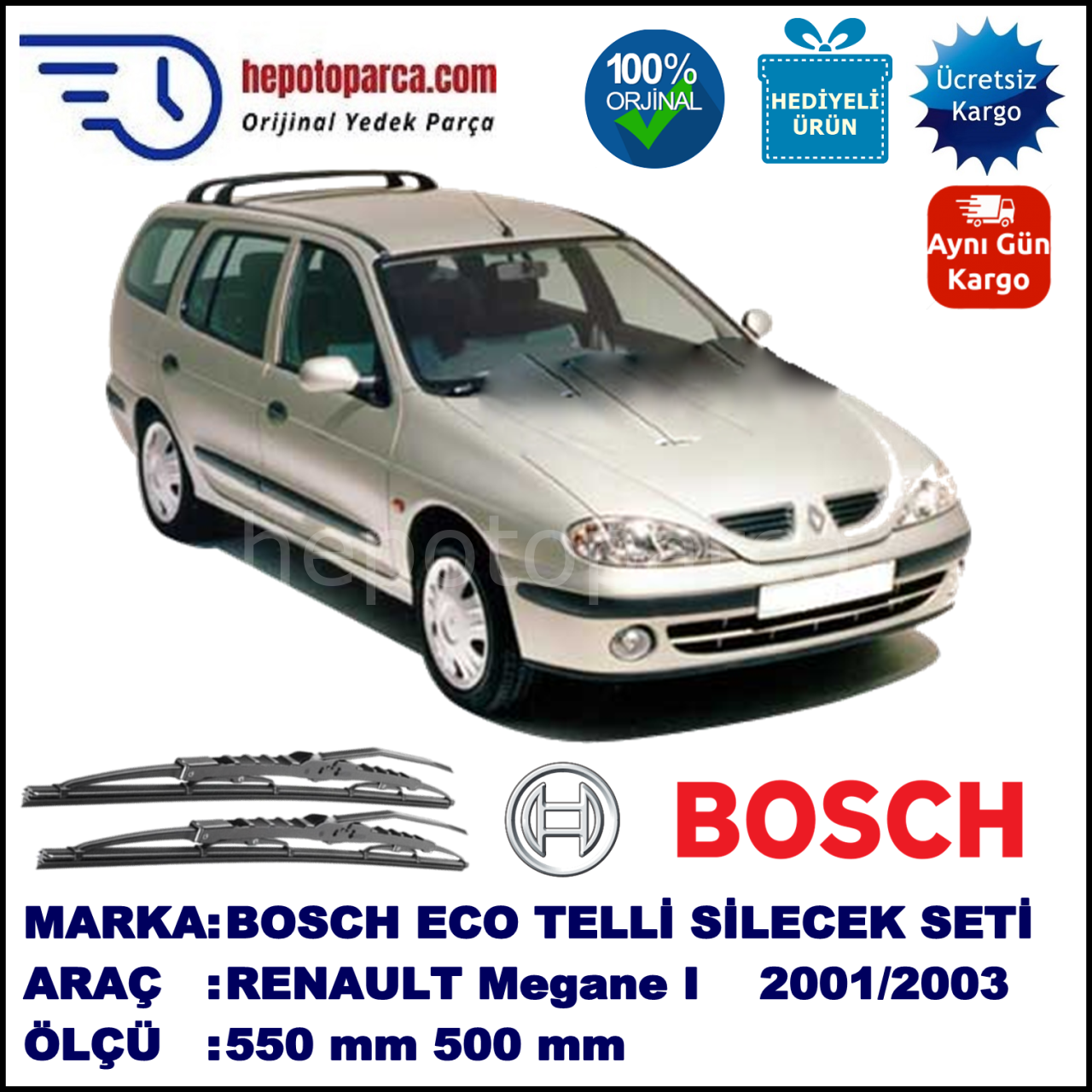 RENAULT Megane I Grandtour [X64] 11.01-09.03 550 / 500 mm. BOSCH ECO Telli Silecek 2'li Takım