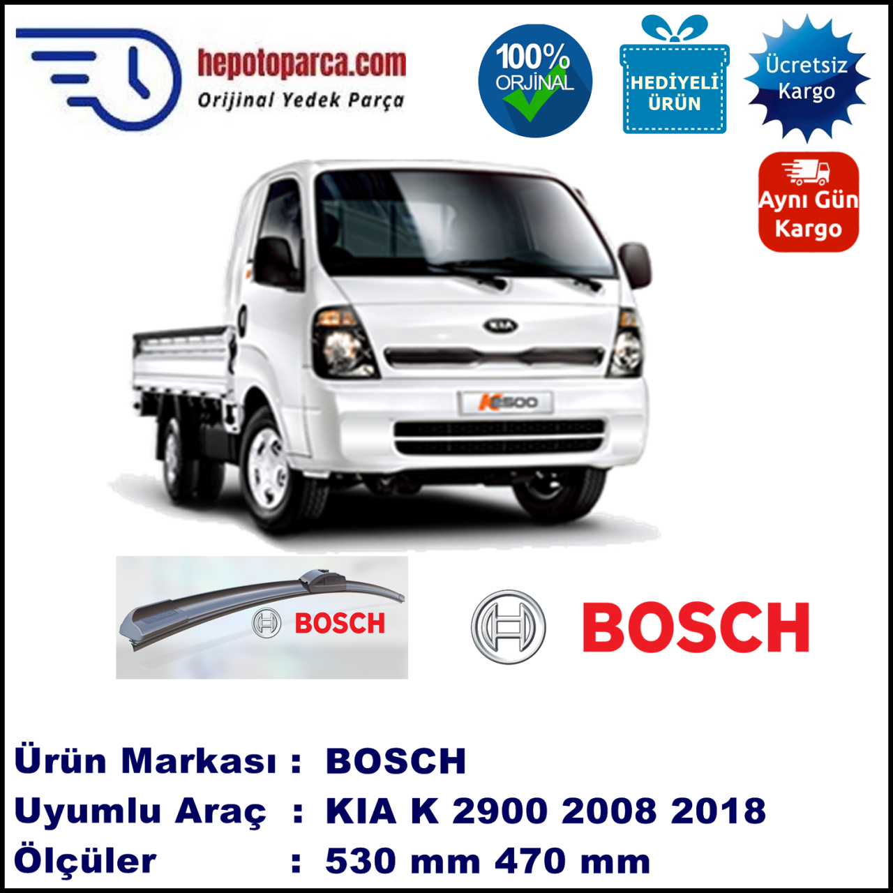 KIA K 2900  05.2007-..., 530 / 470 mm. BOSCH AEROECO Aparatlı Muz Silecek