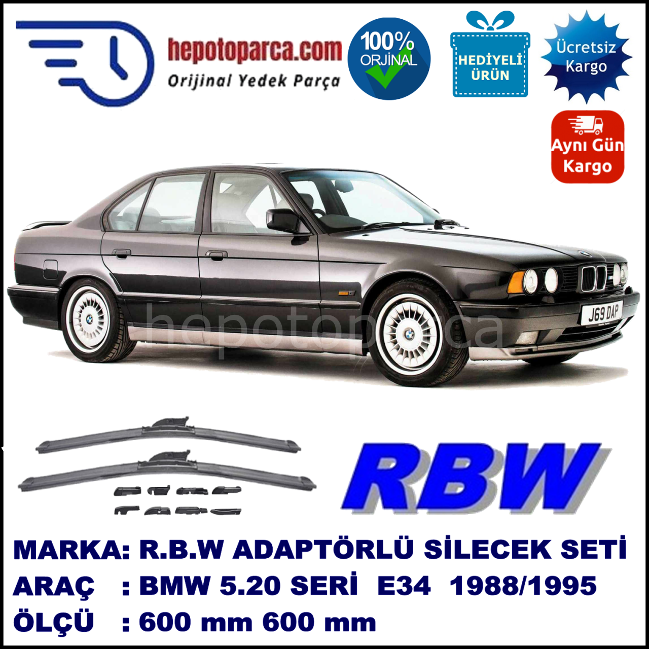 BMW Serie 5 [E 34] 01.1988-12.1995, 600 / 600 mm.  RBW  ADAPTÖRLÜ MUZ SİLECEK SETİ