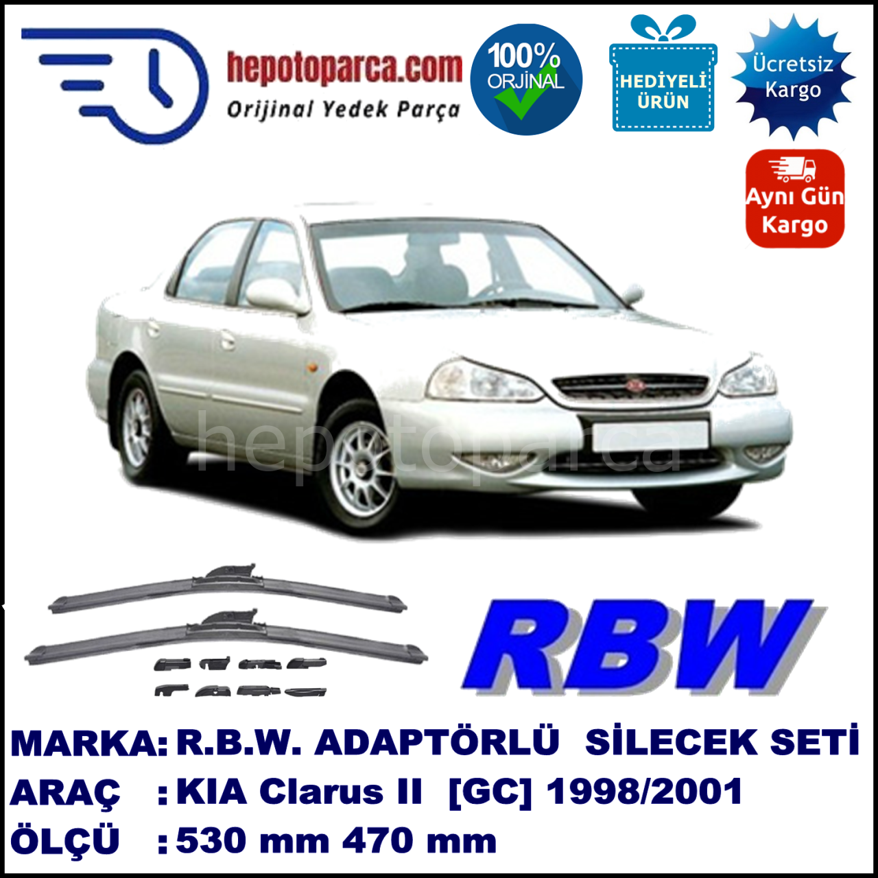 KIA Clarus II [GC] 06.1998-11.2001, 530 / 470 mm.  RBW  ADAPTÖRLÜ MUZ SİLECEK SETİ