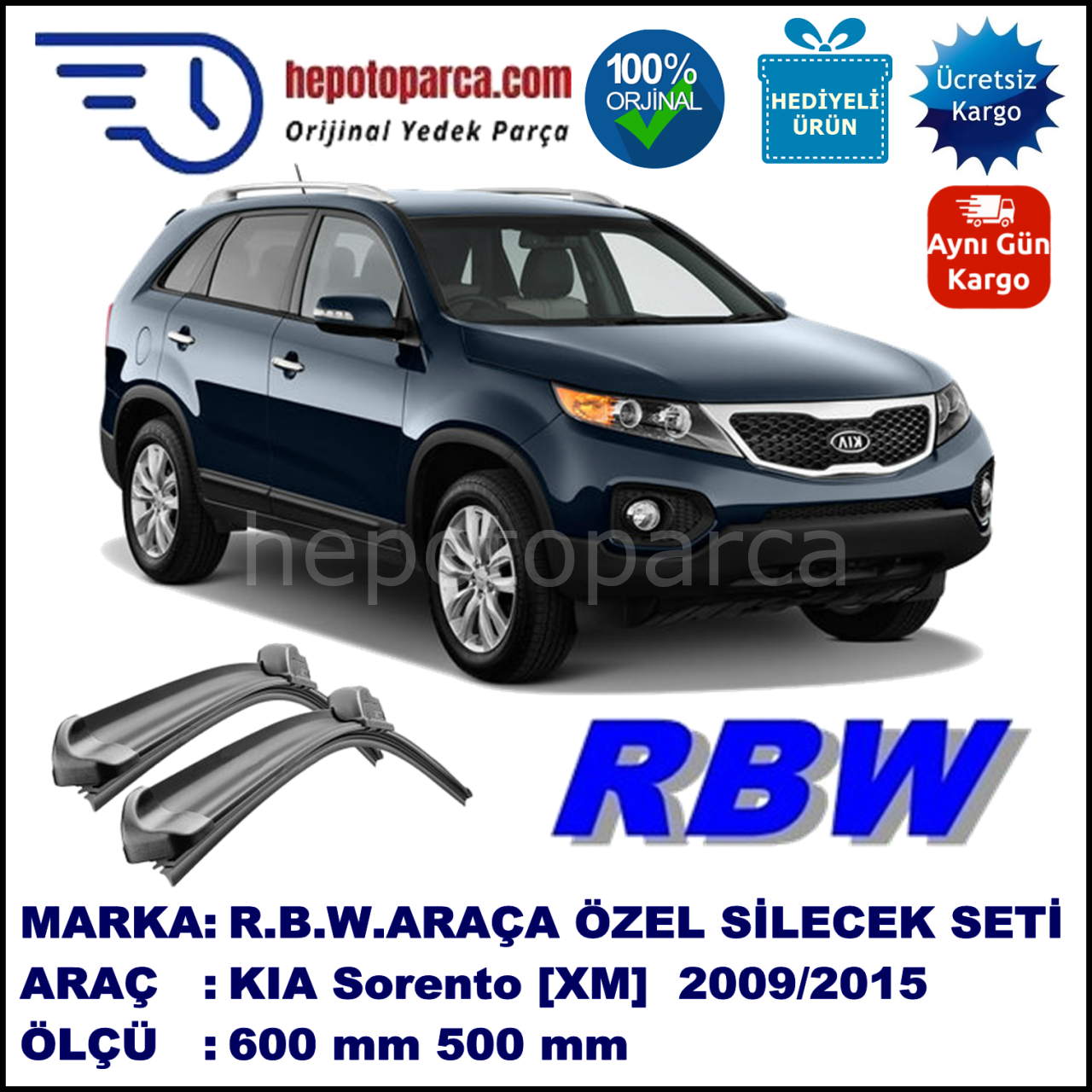 KIA Sorento [XM] 09.09-... 600 / 500 mm. RBW Muz Silecek Seti  2'li Takım. U Kanca Uyumludur.