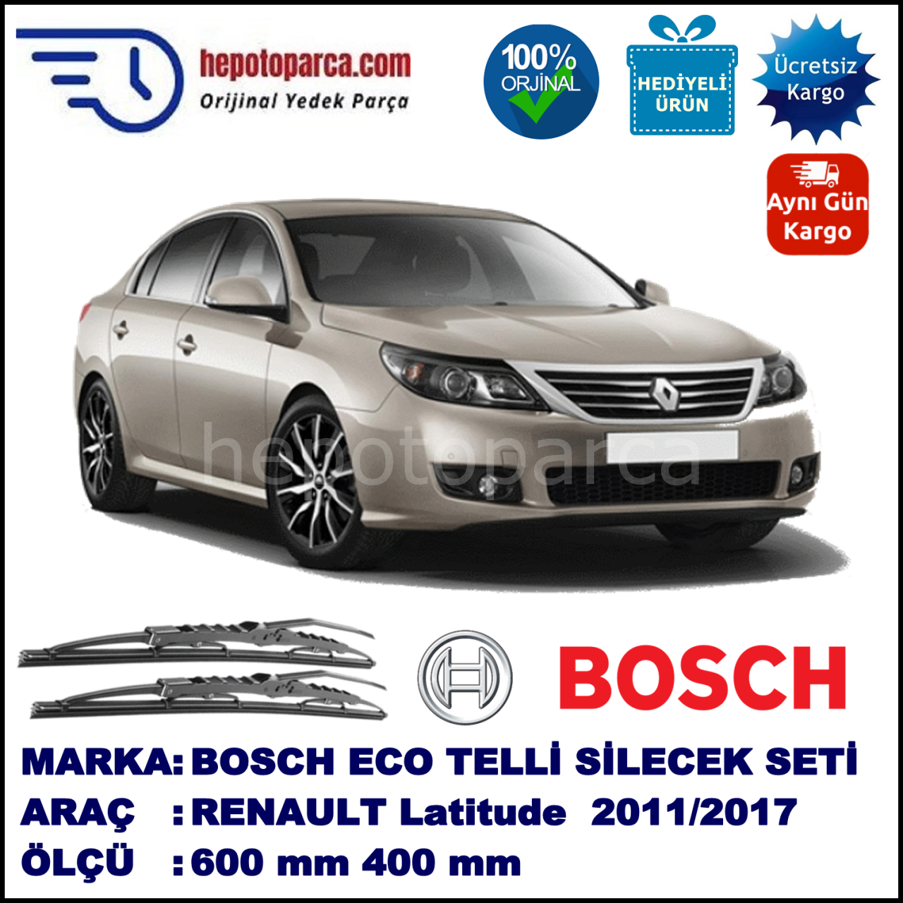 RENAULT Latitude  01.11-... 600 / 400 mm. BOSCH ECO Telli Silecek 2'li Takım