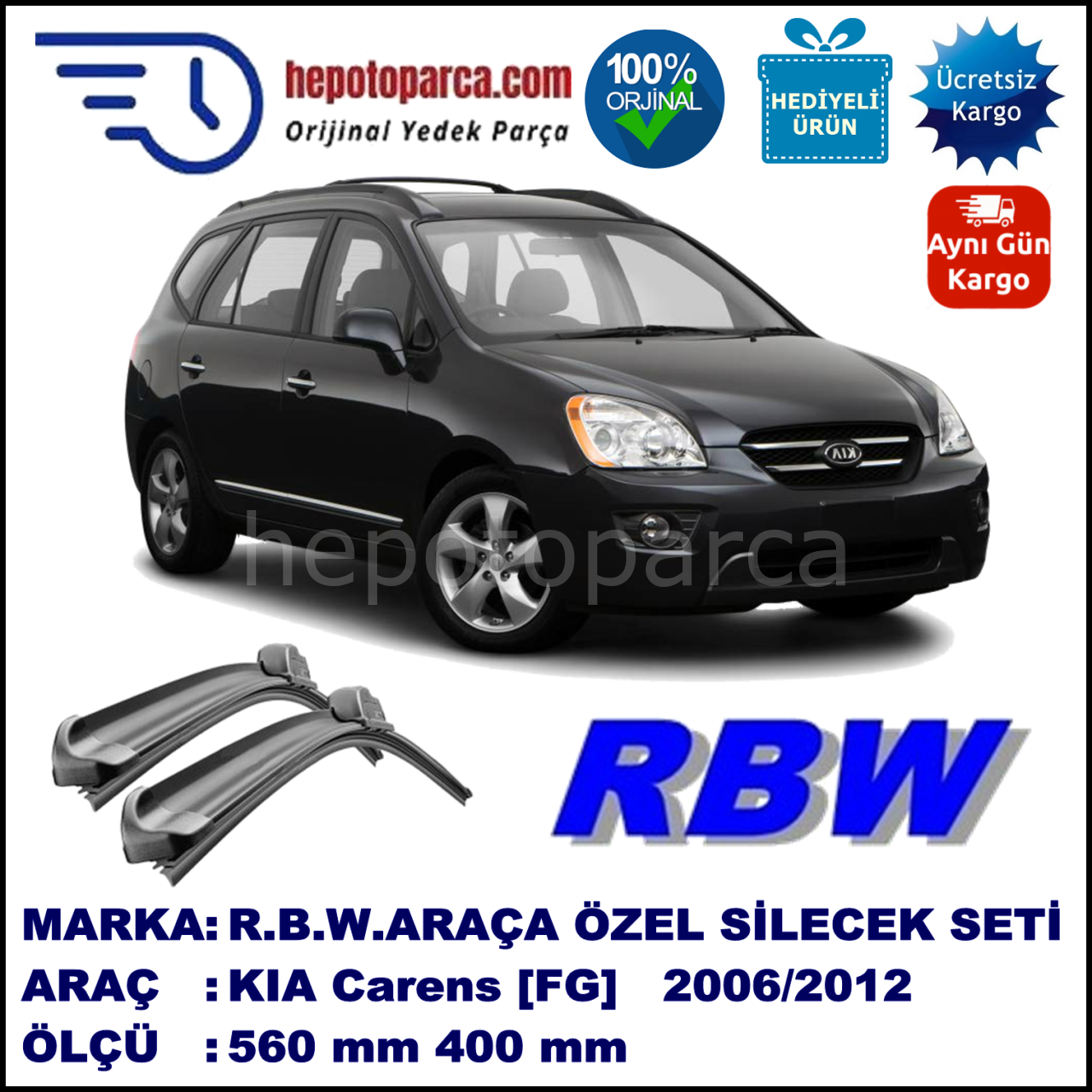 KIA Carens [FG] 09.06-... 650 / 400 mm. RBW Muz Silecek Seti  2'li Takım. U Kanca Uyumludur.