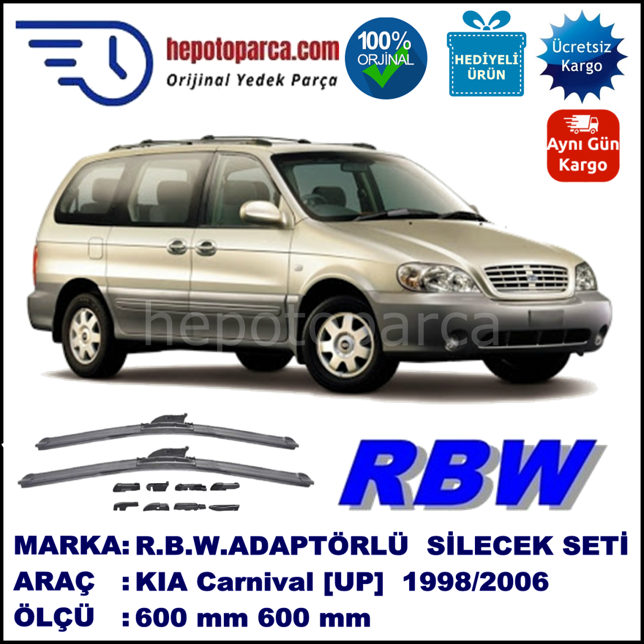 KIA Carnival [UP] 06.1998-06.2006, 600 / 600 mm.  RBW  ADAPTÖRLÜ MUZ SİLECEK SETİ