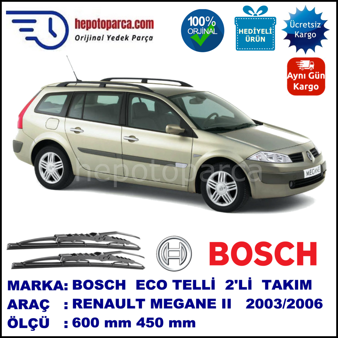 RENAULT Megane II Grandtour [KM.] 10.03-01.06 600 / 450 mm. BOSCH ECO Telli Silecek 2'li Takım