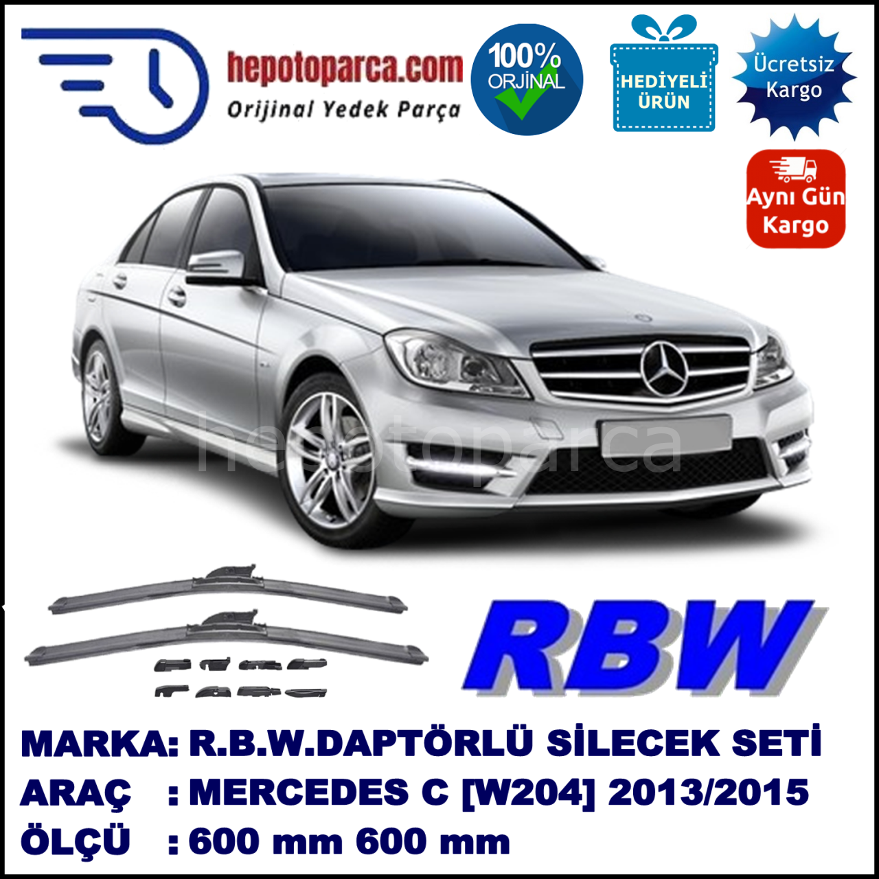 MERCEDES-BENZ Serie C [204] 03.2013-..., 600 / 600 mm.  RBW  ADAPTÖRLÜ MUZ SİLECEK SETİ